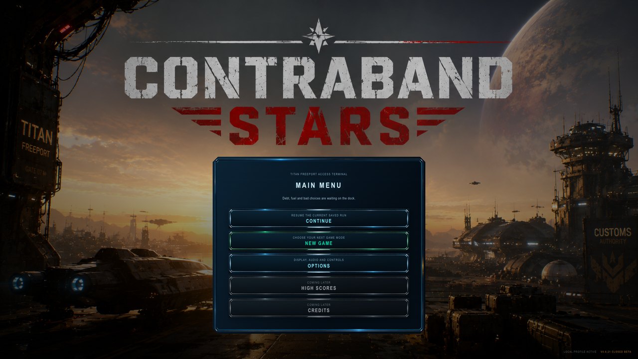 Contraband Stars main menu in Titan Freeport